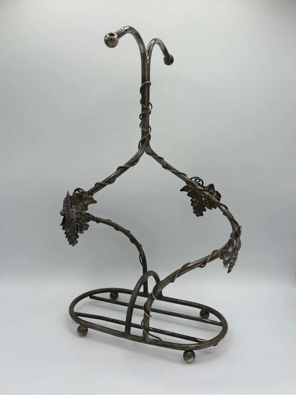 Vintage Grapevine Double Wine Bottle Holder Silver Tone Metal Caddy